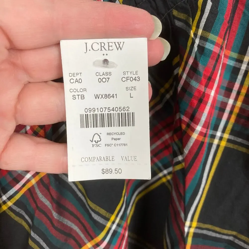 J.Crew Black&Red Holiday Plaid Puff Sleeve Blouse Sz.L NWT